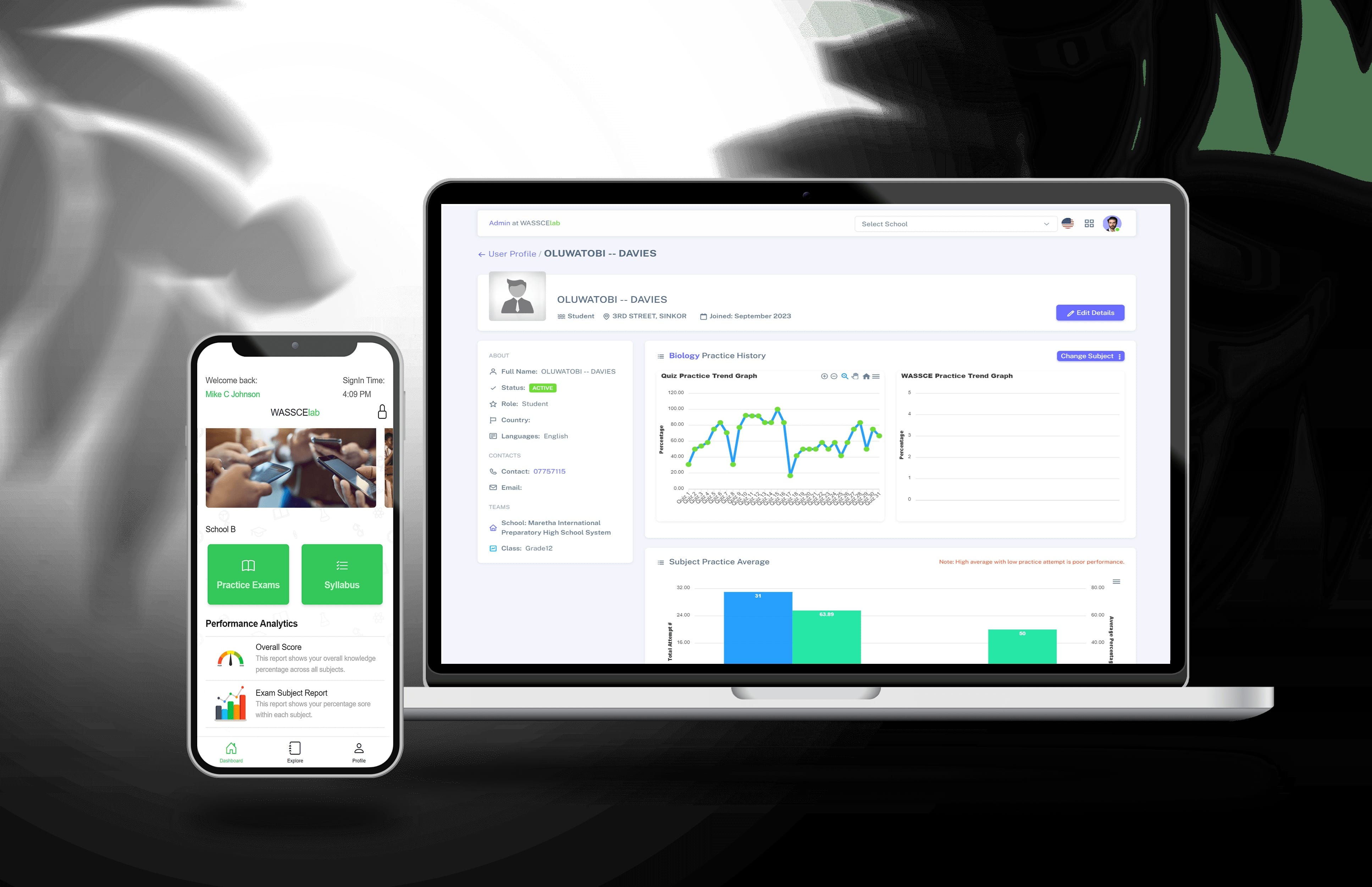 WASSCE learning and performance platform shown on mobile and desktop
